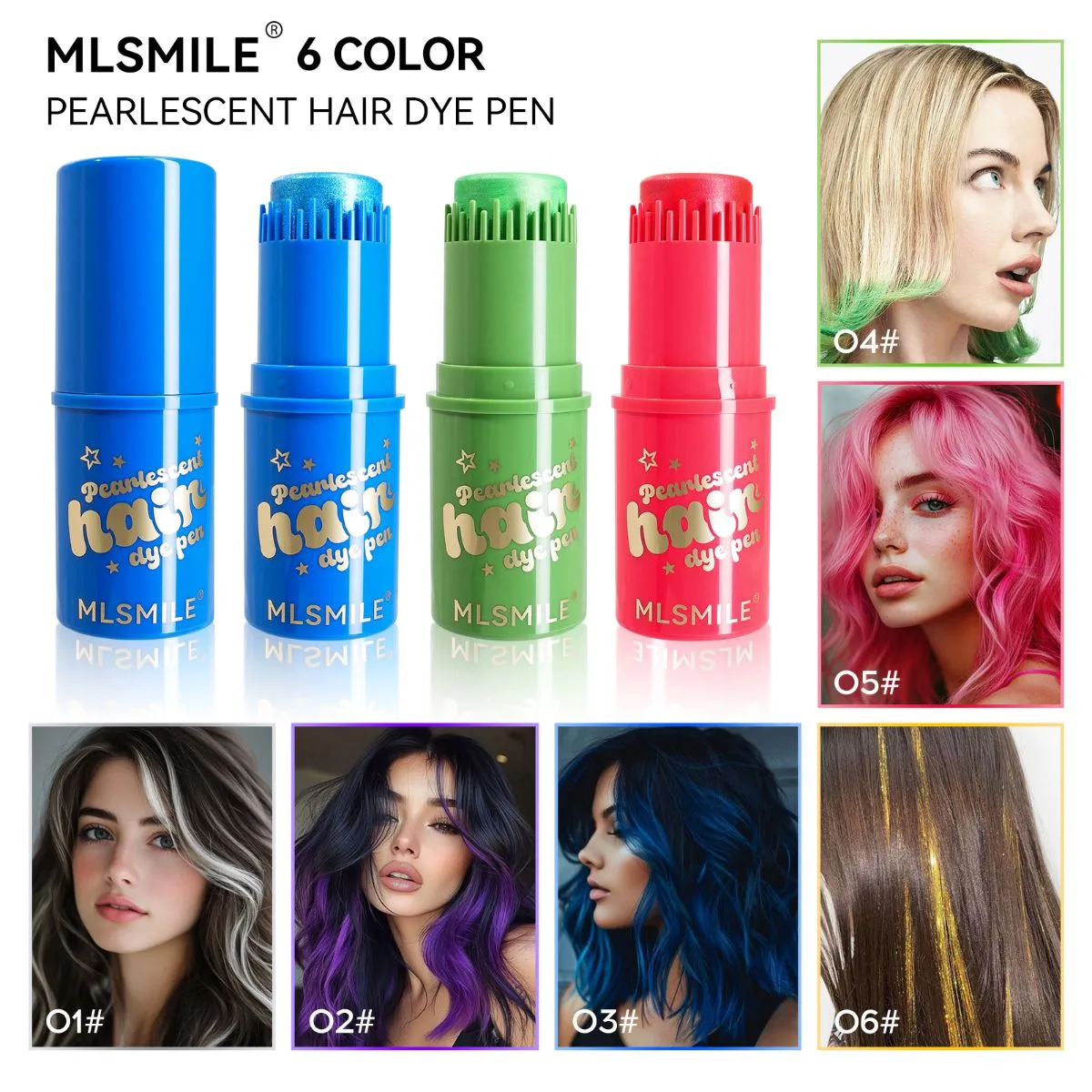 6 Colors Pearlescent Hair Chalk Set – Temporary Shimmer Hair Color Sticks, Washable Disposable Hair Dye Pens for Festival, Stage Makeup, Halloween, Cosplay & Party, Non-Toxic